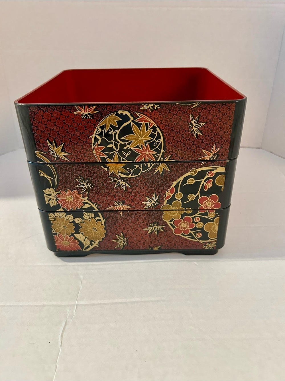 Vintage Japanese Lacquer Jubako Bento Box 3 Tier Red Floral Osechi Made In Japan